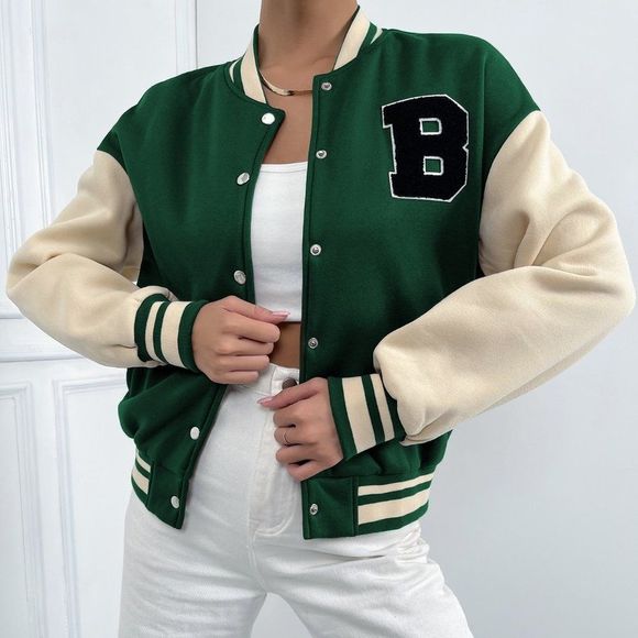 New Letter Patched Striped Trim Drop Shoulder Varsity Jacket Green 226 - Picture 4 of 7